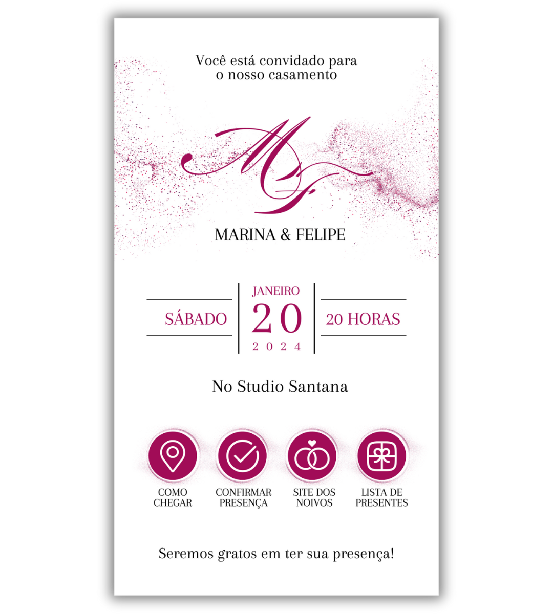 Convite de Casamento Digital - 1 Página (Interativo sem foto)